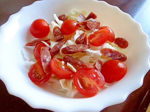 サラミとトマトの紅白キャベツサラダ